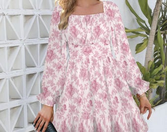 Romantic Rose Print Mini Dress, Tied Back & Ruched, Cottagecore Style, Fairy Dress, Size up to 5XL, Long Sleeve, Chinoiserie, Spring Style
