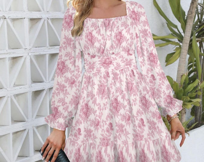 Romantic Rose Print Mini Dress, Tied Back & Ruched, Cottagecore Style, Fairy Dress, Size up to 5XL, Long Sleeve, Chinoiserie, Spring Style