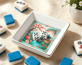 Chinoiserie Mahjong Dice Tray | Pagoda Garden Mahjong Accessory | Ceramic Dice Dish | Mahjong Gift for Her | Gold Rim Jewelry Tray