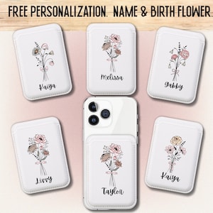 Carteira MagSafe personalizada com nome e flor de nascimento, porta-cartão magnético para iPhone, carteira fina para celular, presente para madrinha de casamento, lembrancinha para festa de casamento
