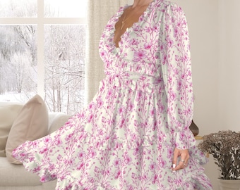 Pink Chinoiserie Ruffle Dress, Deep V-Neck, Back Cutout, Flowy Mini, Aesthetic Mini Dress, Coquette Style, Fairy Dress, Ethereal Dress