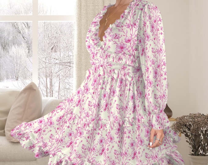 Pink Chinoiserie Ruffle Dress, Deep V-Neck, Back Cutout, Flowy Mini, Aesthetic Mini Dress, Coquette Style, Fairy Dress, Ethereal Dress