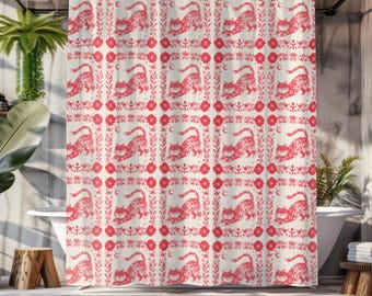 Delft Cat Shower Curtain, Floral Cat Shower Curtain, Whimsical Bath Decor, Playful Home Accent, Cat Lovers, Cute Bathroom Upgrade