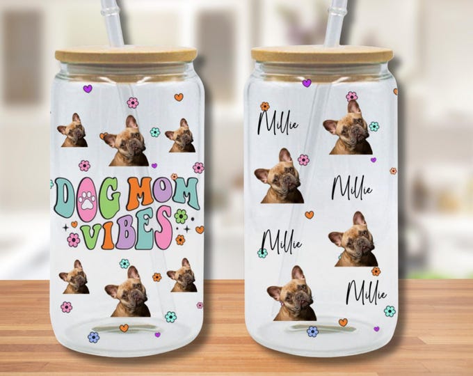 Personalized Dog Glass Tumbler with Lid & Straw – Custom Pet Photo Name, Up to 4 Dogs – 12oz 16oz 20oz Can Glass – Gift for Dog Lovers