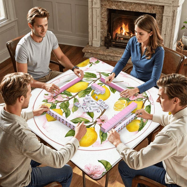 Pink Lemon Mahjong Mat | Lemon Blossom Mahjong Table Mat | Grandmillennial Mahjong Gift | Pink Citrus Mahjong Mat | Mahjong Accessories image 6