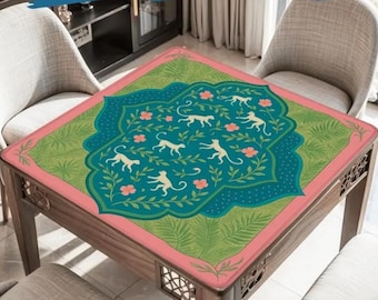 Mahjong Mat Boho Monkey Print Non-Slip Luxury Game Table Mat, Tropical Floral Mahjongg