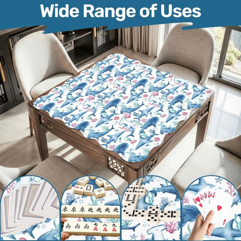 Scalloped Shark Mahjong Mat , Ocean Themed Mahjong Table Mat, Non Slip Game Mat with Storage Bag, Beach Coastal Mahjong Decor Bild 6
