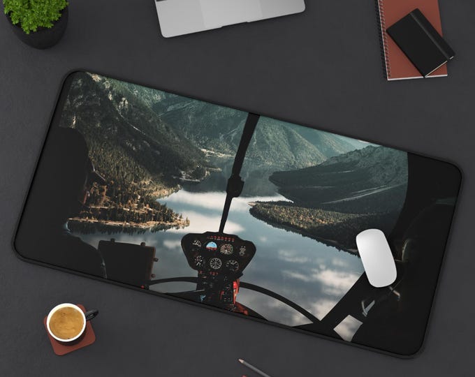 Cockpit Desk Mat, Scenic Helicopter Desk Mat,  Gamer Desk Accessory, Nature Lover Gift, Unique Work Station Decor, Wildlife Enthusiast