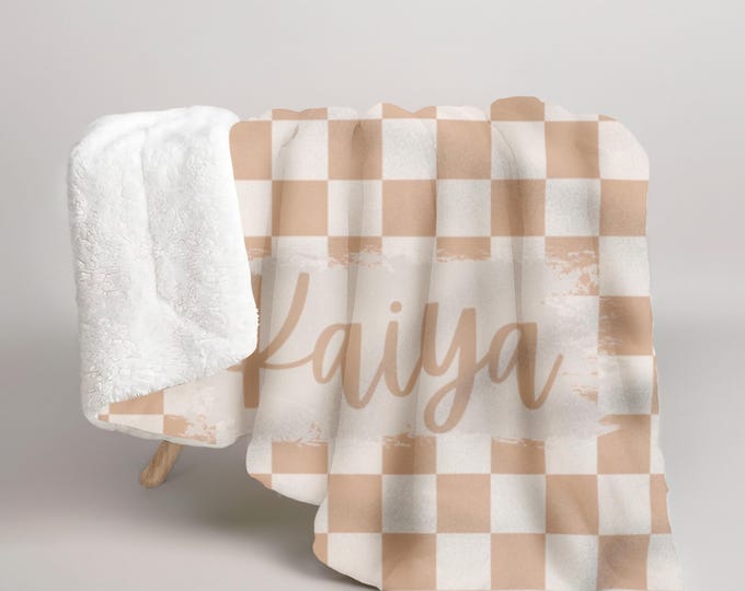 Checkered Name Blanket - Custom Baby Blanket - Personalized Baby Shower Gift - Soft Sherpa Fleece Throw Teenage Name Blanket  Neutral Decor
