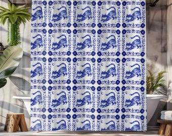 Delft Cat Shower Curtain, Whimsical Cat Shower Curtain, Blue Floral Design, Unique Home Accessory, Fun Bathroom Ideas