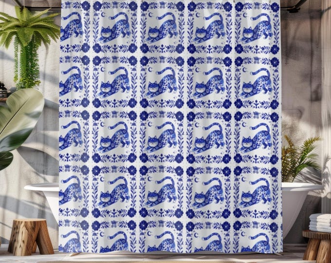 Delft Cat Shower Curtain, Whimsical Cat Shower Curtain, Blue Floral Design, Unique Home Accessory, Fun Bathroom Ideas