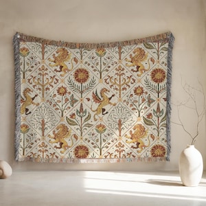 Medieval Tapestry Wall Art – Vintage Unicorn Woven Blanket – French Gothic Floral Tapestry – Renaissance Antique Style Home Decor