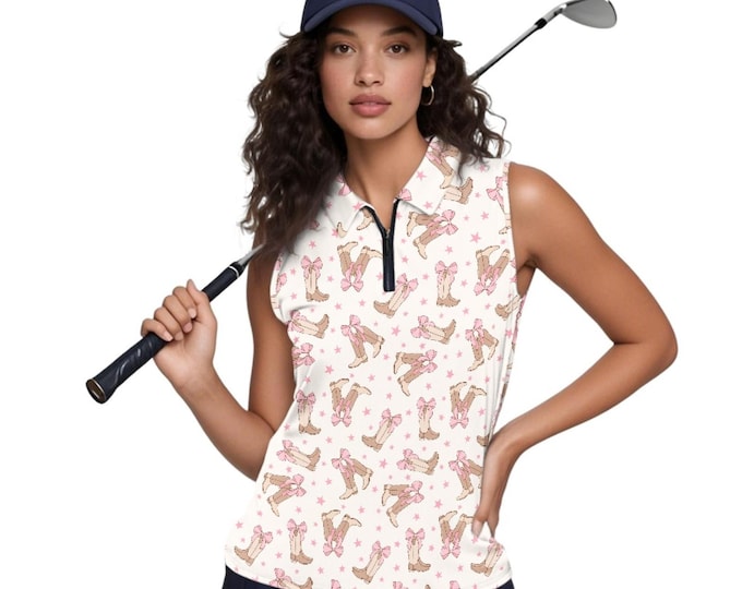 Women’s Western Golf Sleeveless Polo Shirt, Custom Collared Tank Top, Lightweight Performance Golf Shirt for Ladies, Fun Golf Outfit