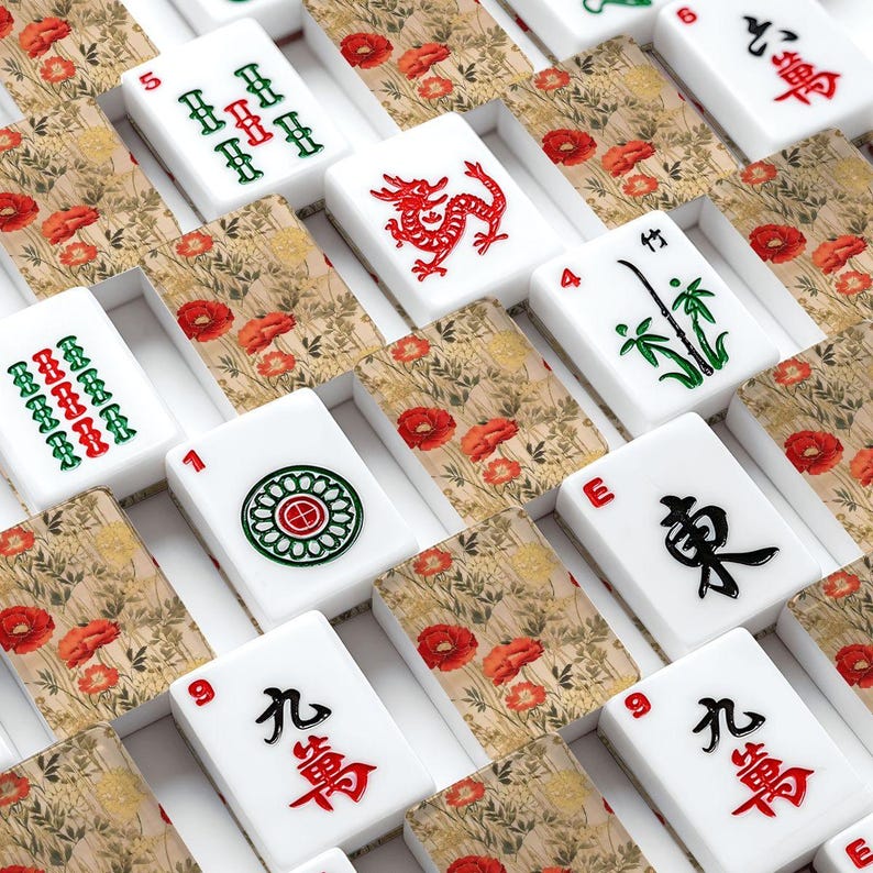 Vintage Red Floral Mahjong Tiles, Botanical Mahjong Tiles with Jokers, Antique Style Mahjong Game Set with Case Gift image 7