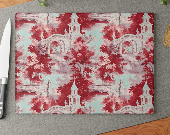 Elegant Glass Cutting Board with French Toille, Kitchen Decor, Gift for Home Cooks, Wedding Registry Item, Unique Housewarming Gift