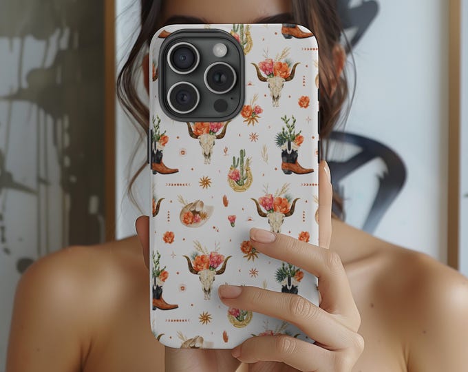 Western Phone Case, Country Case for Phone, Cowboy Boot Magnetic Tough Cases, Boho Style, Cow Skull Design, MagSafe Unique Phone Cover
