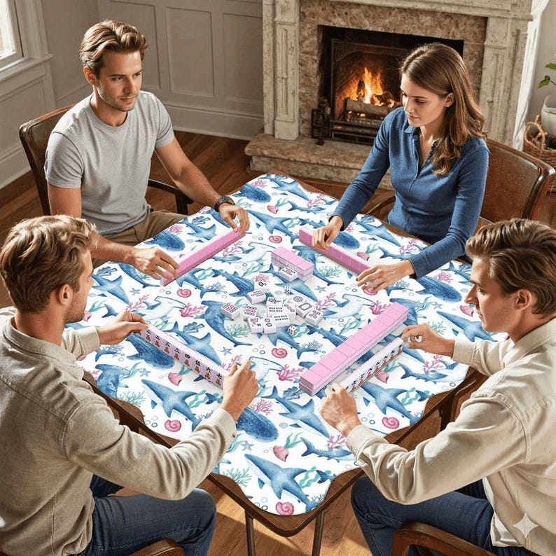 Scalloped Shark Mahjong Mat , Ocean Themed Mahjong Table Mat, Non Slip Game Mat with Storage Bag, Beach Coastal Mahjong Decor Bild 5
