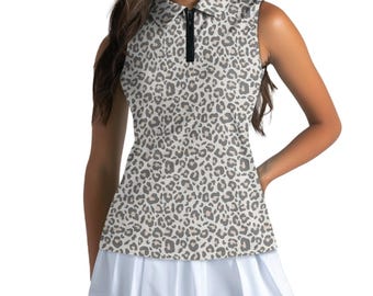 Women’s Leopard Golf Sleeveless Polo Shirt, Custom Collared Tank Top, Lightweight Performance Golf Shirt for Ladies, Fun Golf Outfit