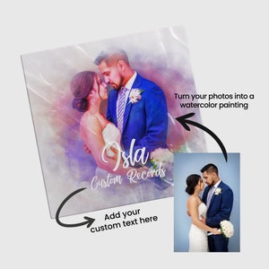 Pode incluir: Uma pintura em aquarela de um casal em trajes de casamento, com o texto "Isla Custom Records" abaixo. A imagem é uma ilustração digital de uma fotografia.