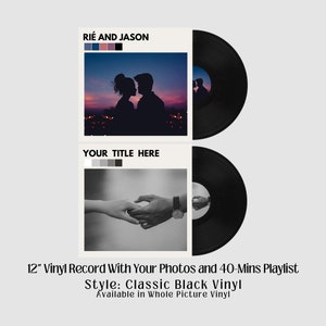 Puede incluir: Un disco de vinilo de 30 cm con una foto en blanco y negro de una pareja tomándose de la mano. El disco es negro y tiene una etiqueta blanca con el texto "Rié and Jason" y "Your Title Here".