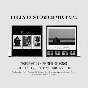 Pode incluir: Duas caixas de CD pretas com designs personalizados. A caixa da esquerda tem três fotos e o texto "Dear Jane". A caixa da direita tem uma foto e o texto "our playlist". O texto abaixo das caixas diz "SUAS FOTOS + 70 MINUTOS DE MÚSICAS FRETE GRÁTIS E RÁPIDO GARANTIDO! Perfeito para lembrancinhas de festa, aniversários, casamentos, aniversários e muito mais! Disponível em várias cores"