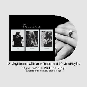 Pode incluir: Uma colagem de fotos de casamento em preto e branco de um casal. A colagem está em um disco de vinil preto com o texto "Dear Jane, 12" Vinyl Record With Your Photos and 40-Mins Playlist Style: Whole Picture Vinyl Available in Classic Black Vinyl".