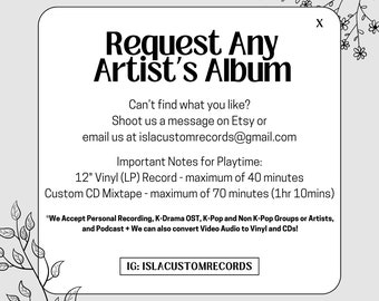 Fully Custom 12 inch Vinyl LP Record and CD Mixtape - We Accept All Requests for Any Solo or Group Artists Album! K-Pop or Non K-POP Albums!