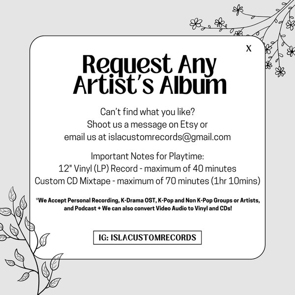 Fully Custom 12 inch Vinyl LP Record and CD Mixtape - We Accept All Requests for Any Solo or Group Artists Album! K-Pop or Non K-POP Albums!