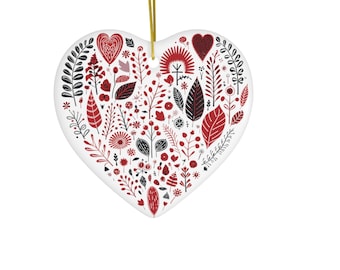 Heart Red and Burgundy Leaf Graphic Ornament | Nordic Ornaments | Earthy Leaves Simple Ornament | Scandinavian Style | Nordic Christmas