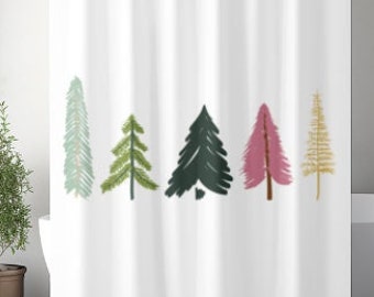 Winter Tree Shower Curtain | Xmas Shower Curtain | Pine Tree Shower Curtain | Nordic Print | Evergreen Tree | Holiday Bathroom | Pine Trees