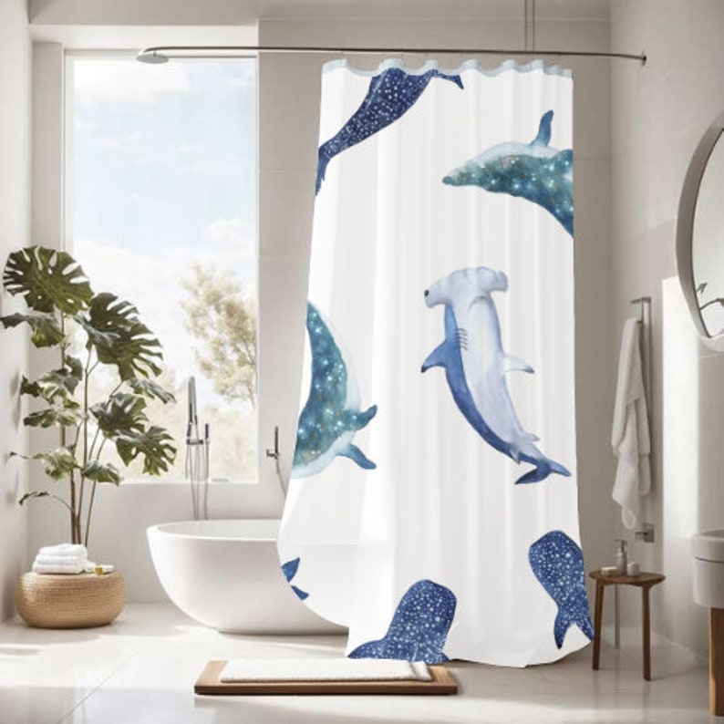 Shark Shower Curtain Ocean Bathroom Sea Life Watercolor Shark Print