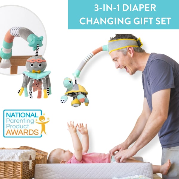 Dingle Dangle Baby Gift Set (Deluxe Version): 3-in-1 Diaper Changing Helper, Baby Mobile, and Rattle. Perfect Baby Shower Gift, Gift for Dad