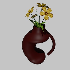 May include: A brown ceramic vase with a unique shape, holding a bouquet of yellow flowers with green leaves.
