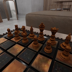 May include: A detailed view of a chess set with bronze-colored pieces on a dark, square board. The pieces are intricately carved, including pawns, rooks, knights, bishops, a queen, and a king. The board's squares alternate between bronze and dark gray.