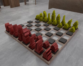 Piezas y tablero de ajedrez con archivo STL 3D, modelo de ajedrez, descarga digital, modelo de ajedrez para impresora 3D, juego, ajedrez para impresora 3D, juego de ajedrez moderno