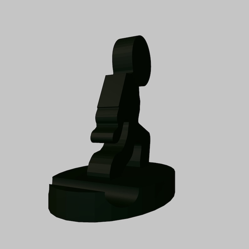 May include: A black 3D printed figurine of a person kneeling on a round base.