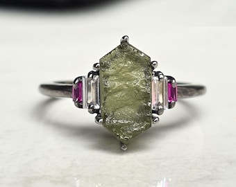 Raw Moldavite Hexagon Ring: Sterling Silver Gemstone, Handmade