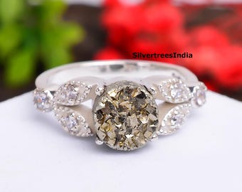 Raw Pyrite Statement Ring: 925 Sterling Silver, Round Stone