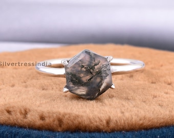 Anillo de ágata de musgo natural, anillo de plata de ley, anillo hecho a mano, anillo de ágata de musgo, anillo de piedras preciosas, anillo boho, joyería de ágata de musgo, regalo para ella.