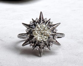 Natural Raw Pyrite Ring: Hexagon Shape Stone, 925 Sterling Silver Statement Jewelry