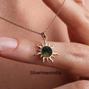 Roher Moldavit Anhänger: 925 Sterling Silber Meteorit Halskette