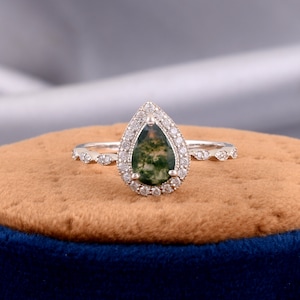 Moss Agate engagement ring Green Moss Agate Wedding Ring 925 Sterling Silver Ring moissanite bridal rings Green Gemstone Promise Ring