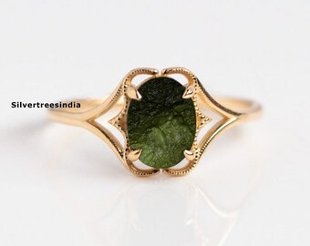 Natural Moldavite Silver Ring Rough Moldavite Ring Healing Moldavite Meteorite Ring Genuine Czech Republic Moldavite Ring Raw Moldavite Ring