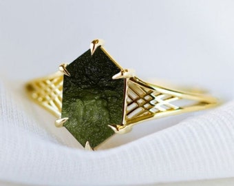 Natural Moldavite Silver Ring Rough Moldavite Ring Healing Moldavite Meteorite Ring Genuine Czech Republic Moldavite Ring Raw Moldavite Ring