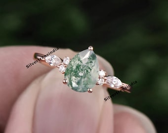 Pear Moss Agate Ring: Handmade Sterling Silver Engagement Ring