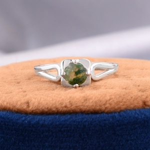 Moss Agate Round Cut Statement Ring, Silver Engagement Ring for Women, Nature Inspired Wedding Ring Unique Anniversary Ring Gift for Her