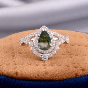 Moss Agate engagement ring Green Moss Agate Wedding Ring 925 Sterling Silver Ring moissanite bridal rings Green Gemstone Promise Ring
