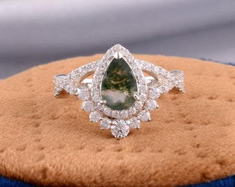 Moss Agate engagement ring Green Moss Agate Wedding Ring 925 Sterling Silver Ring moissanite bridal rings Green Gemstone Promise Ring