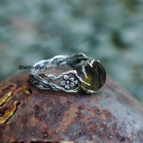 Anello in moldavite grezza autentica: pietra preziosa in argento sterling, gioielli fatti a mano