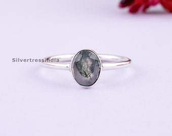 Natural Moss Agate Ring, 925 Sterling Silver Ring, Dainty Ring Moss Agate Jewelry, Engagement Ring, Nature Inspired Ring, Gift for Her.